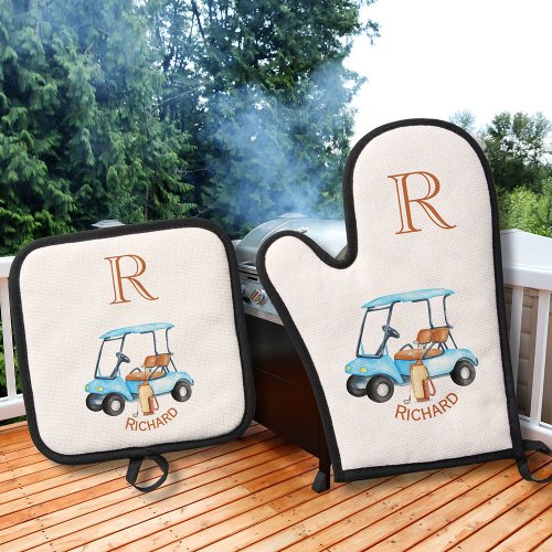 Golf Cart Clubs Monogram Name  Oven Mitt  Pot Holder Set