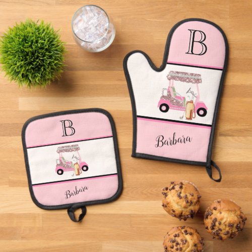 Golf Cart Clubs Monogram Name  Oven Mitt  Pot Holder Set