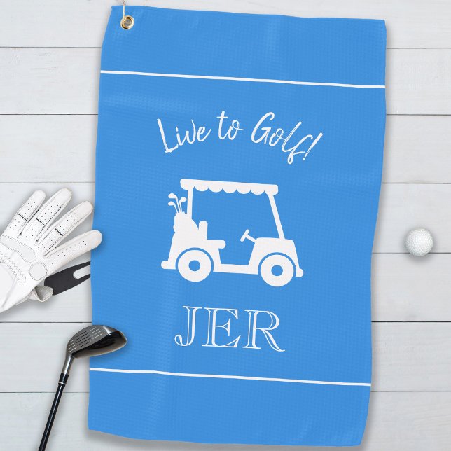 Golf Cart Live to Golf Monogram Blue Sports Player Golf Towel (Creator Uploaded)