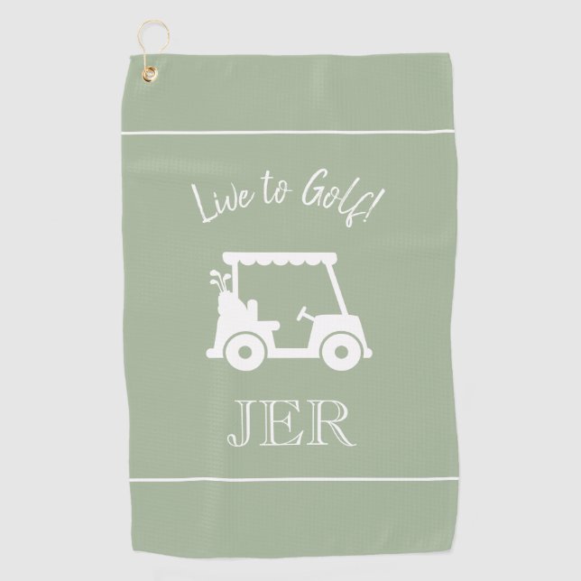 Golf Cart Live to Golf Monogrammed Sage Green Golf Towel (Front)