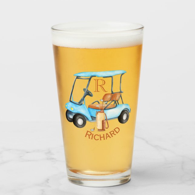 Golf Cart Monogram First Name Fun Beer  Glass (Front Filled)