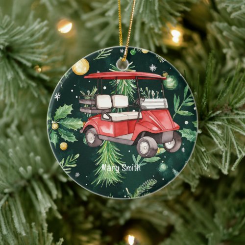 Golf Cart on Christmas Background for Golfer Ceramic Ornament