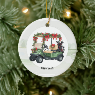 Golf Cart on Christmas Background for Golfer Ceramic Ornament