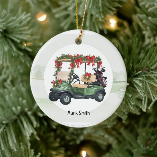 Golf Cart on Christmas Background for Golfer Ceramic Ornament