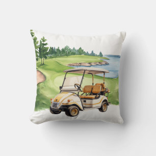 Golf Cart on Green watercolor Throw Pillow