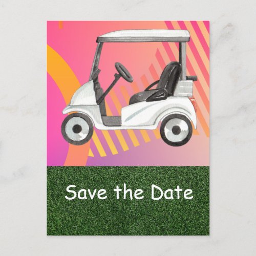 Golf cart on pink colorful background save date in invitation postcard