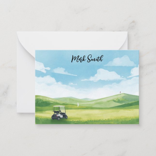 Golf cart on the course  with Name for golfer  Note Card (Front)