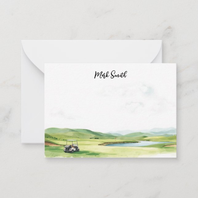 Golf cart on the course  with Name for golfer  Note Card (Front)