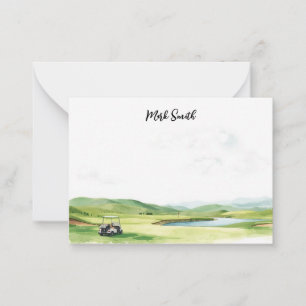 Golf cart on the course with Name for golfer Note Card