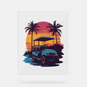 Golf Cart Palm Trees Sunset Vintage Set Acrylic Sign