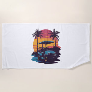 Golf Cart Palm Trees Sunset Vintage Set Beach Towel