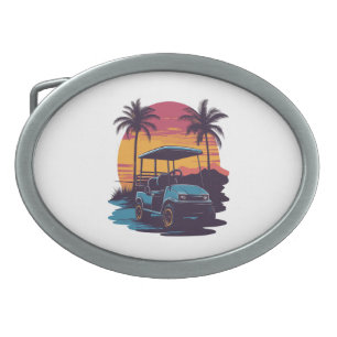 Golf Cart Palm Trees Sunset Vintage Set Belt Buckle