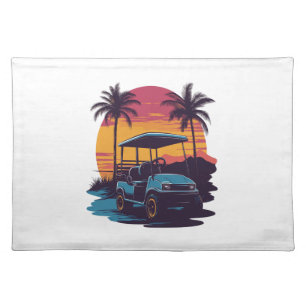 Golf Cart Palm Trees Sunset Vintage Set Cloth Placemat