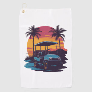 Golf Cart Palm Trees Sunset Vintage Set Golf Towel