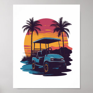 Golf Cart Palm Trees Sunset Vintage Set Poster