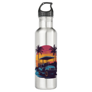 Golf Cart Palm Trees Sunset Vintage Set Stainless Steel Water Bottle