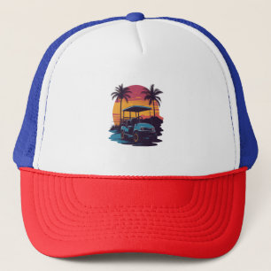 Golf Cart Palm Trees Sunset Vintage Set Trucker Hat