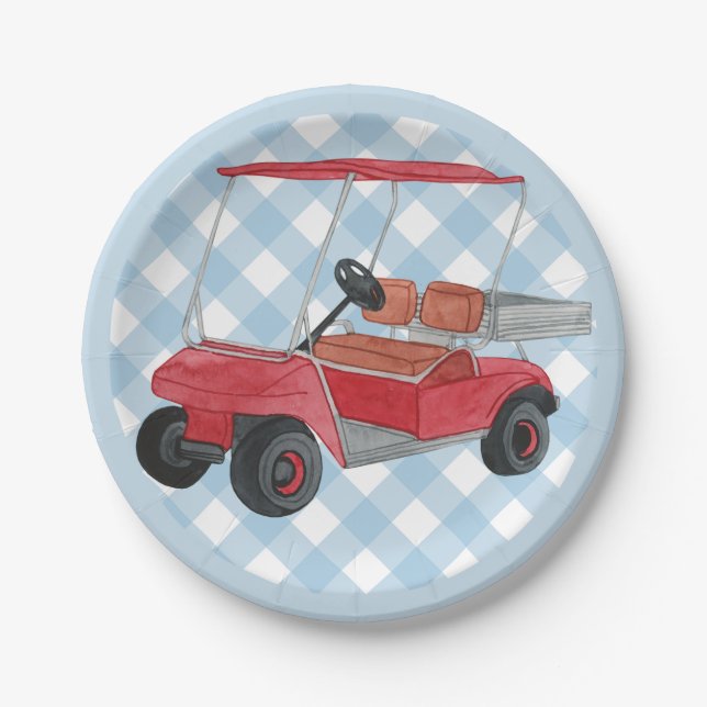 Golf Cart Plaid Blue Gingham Country Club Paper Plates (Front)