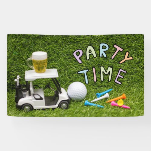 Golf cart with ball and beer for golfer party time banner