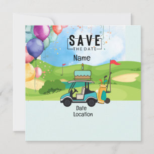 Golf cart with Birthday Save the Date for golfer Invitation