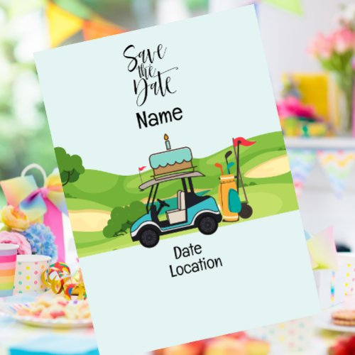 Golf cart with Birthday  Save the Date for golfer Invitation