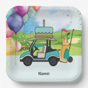 Golf cart with Birthday with cake for kid golfer Paper Plates