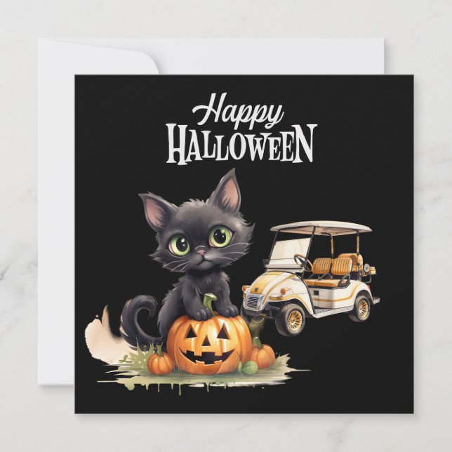 Golf cart with Black cat for Halloween Day Holiday Card (Front)