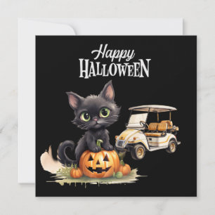 Golf cart with Black cat for Halloween Day Holiday Card