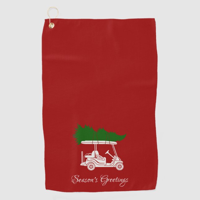 Golf Cart with Christmas Tree | Crimson Red Golf Towel (Front)
