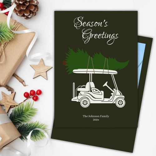 Golf Cart with Christmas Tree  Dark Green Photo Holiday Card