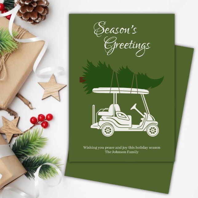 Golf Cart with Christmas Tree • Green Minimalist Holiday Card (Creator Uploaded)