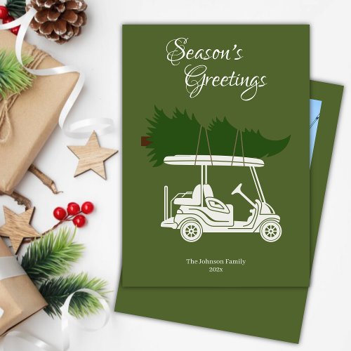 Golf Cart with Christmas Tree  Green Photo Holiday Card
