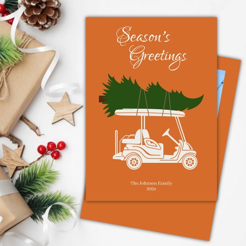 Golf Cart with Christmas Tree  Orange Photo Holiday Card