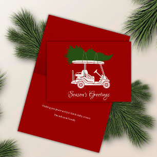 Golf Cart with Christmas Tree • Red Minimalist Holiday Card