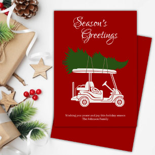 Golf Cart with Christmas Tree • Red Minimalist Holiday Card