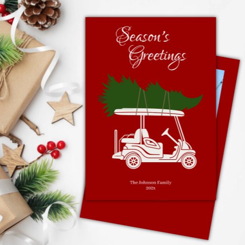 Golf Cart with Christmas Tree  Red Photo Holiday Card