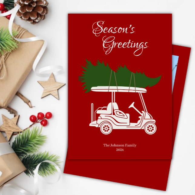 Golf Cart with Christmas Tree • Red Photo Holiday Card (Creator Uploaded)