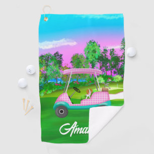 Golf Cart With Cute Cavalier King Charles And Name Towel
