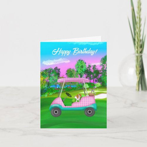 Golf Cart With Cute Cavalier King Charles Spaniel Card