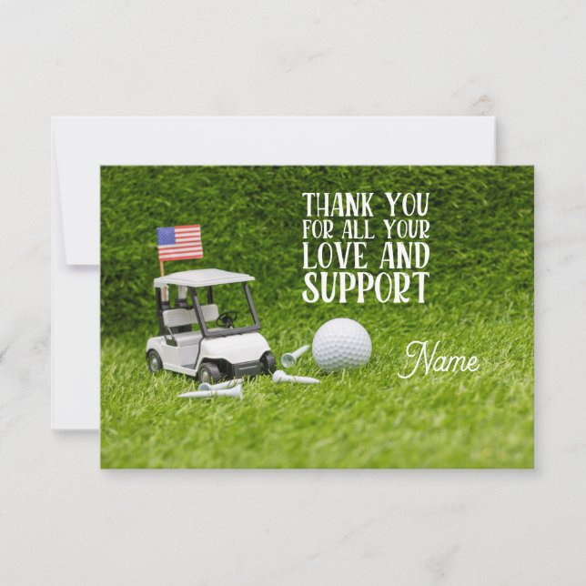 Golf cart  with golf ball and American flag Thank  You Card (Front)