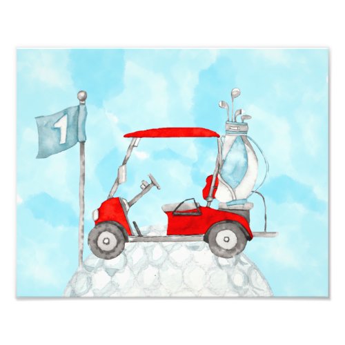 Golf cart with golf ball and golf flag watercolor photo print