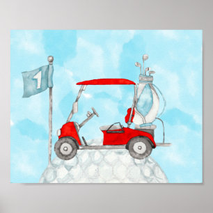 Golf cart with golf ball and golf flag watercolor poster