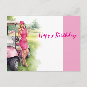 Golf Cart with Happy Birthday Woman Golfer PINK Postcard