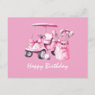 Golf Cart with Happy Birthday Woman Golfer PINK Postcard