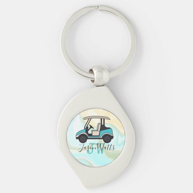 Golf  Cart with  Monogram for golfer swirl marble  Keychain (Front)