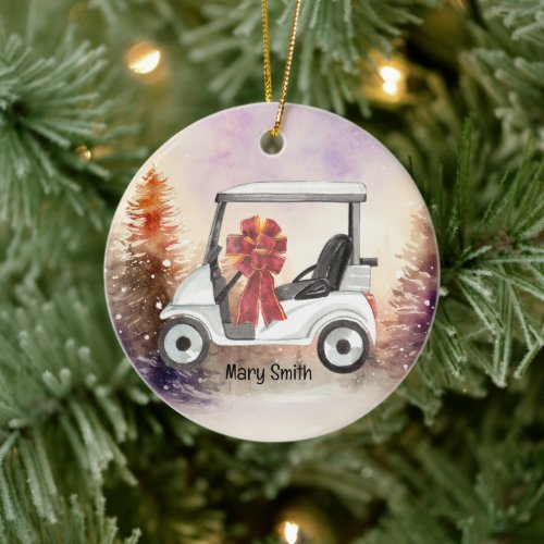 Golf Cart with red ribbon watercolor Ceramic Ornament