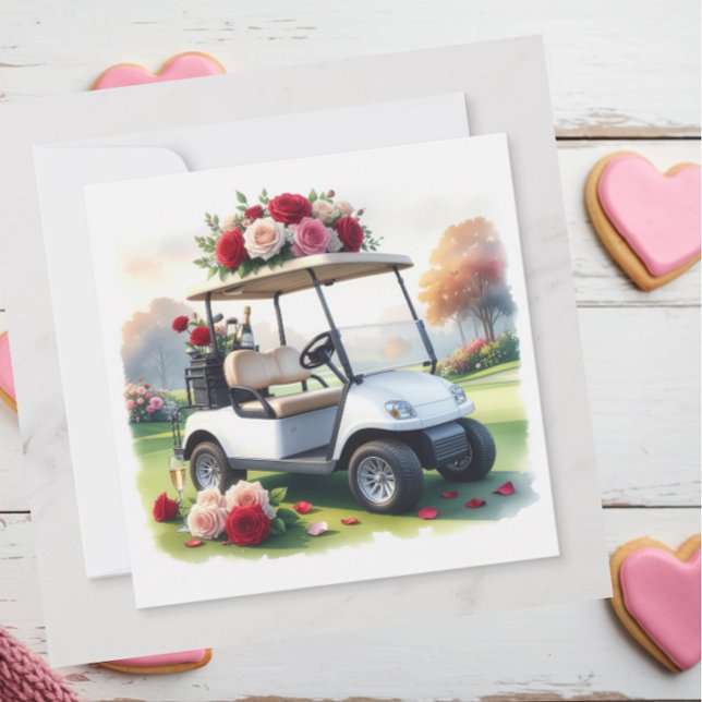 Golf Cart with red roses on green grass Valentine Holiday Card (Creator Uploaded)