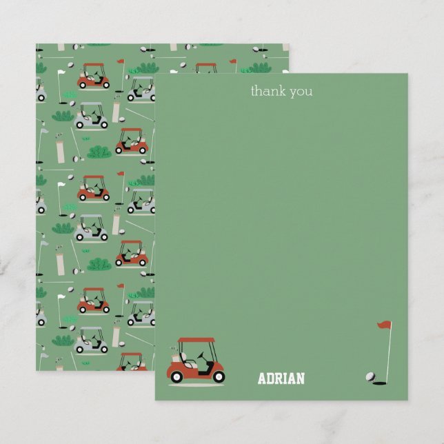 Golf Carts Modern Golfer Golf Theme Kids Thank You Card (Front/Back)