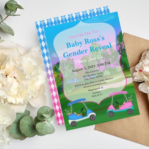 Golf Carts On Course Gender Reveal Baby Shower Invitation