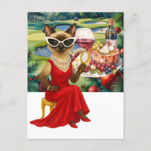 Golf Cat is drinking wine in Golf Course Christmas Holiday Postcard